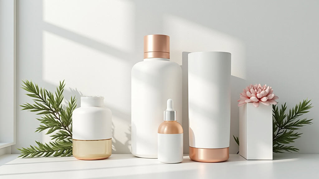 Alt: Collection de produits de soins de la peau avec design élégant et naturelles, avec plantes et fleurs en arrière-plan.