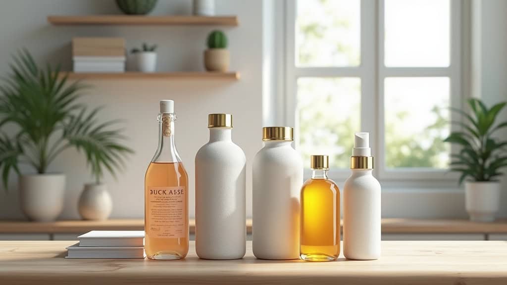 Alt : Conteneurs et bouteilles pour produits chimiques et déchets ménagers, nettoyage écologique.