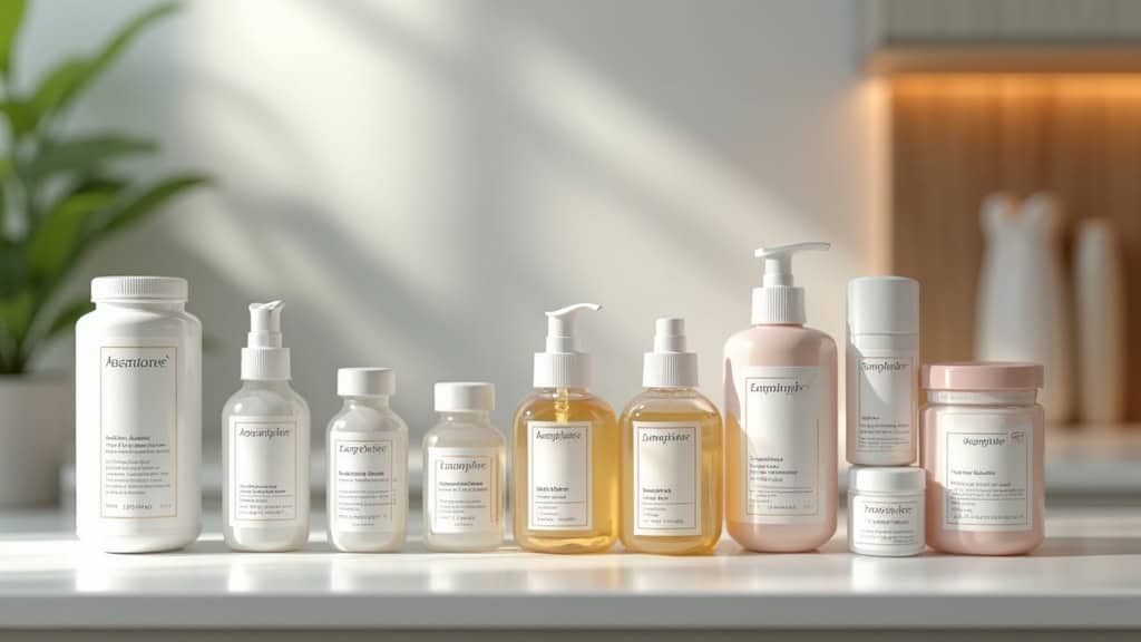 Produits de soins cosmétiques naturels en flacons et pots, idéaux pour une routine beauté bio.