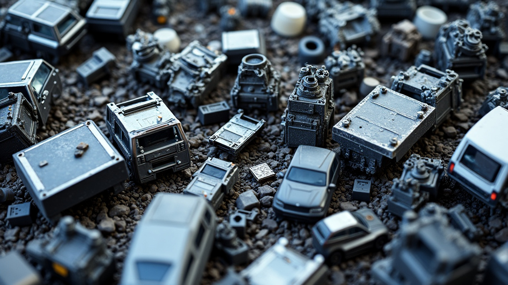 Vue détaillée de différentes pièces de voiture triées et empilées dans un centre de recyclage, montrant des métaux, des plastiques et des composants électroniques prêts à être traités.