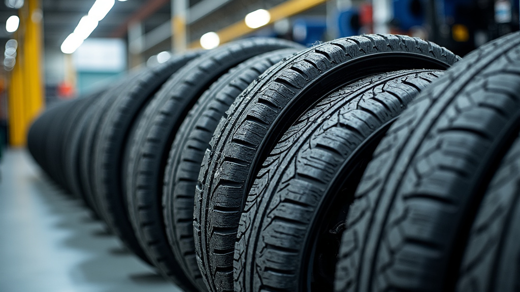 Vue détaillée de pièces automobiles triées dans une usine de recyclage, montrant des métaux, des plastiques et des pneus prêts à être revalorisés, symbolisant un engagement écologique fort.