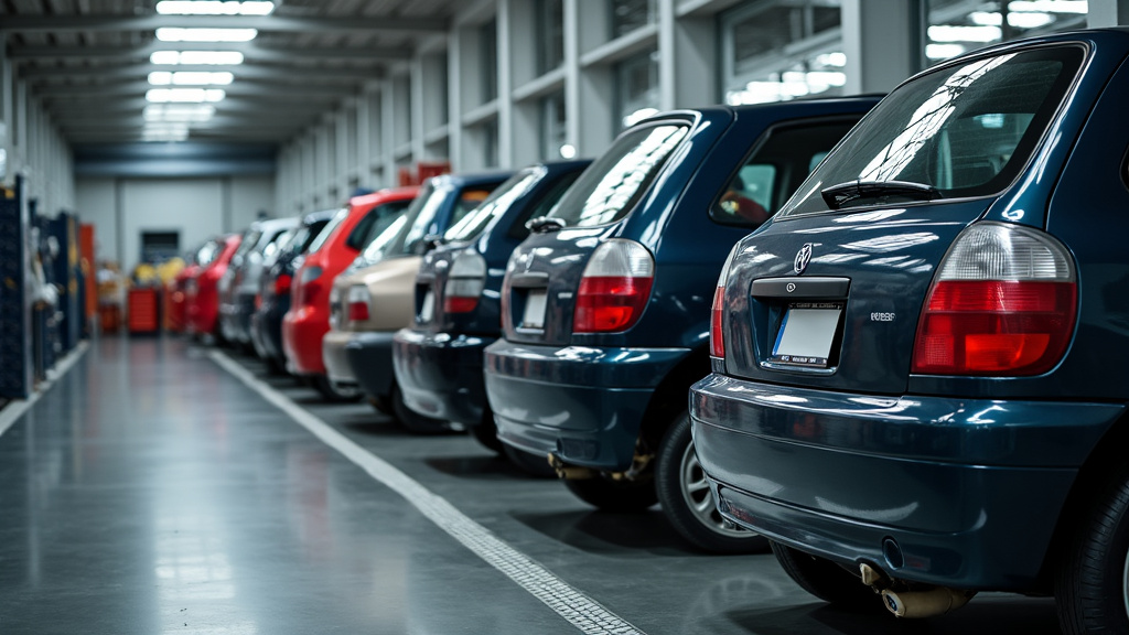 Vue détaillée de pièces automobiles triées et prêtes au recyclage, incluant métaux, plastiques et pneus, dans une installation de traitement VHU.