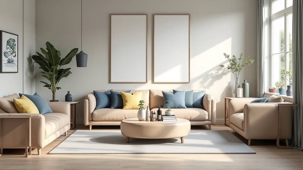 Sofa salon beige clair avec coussins.