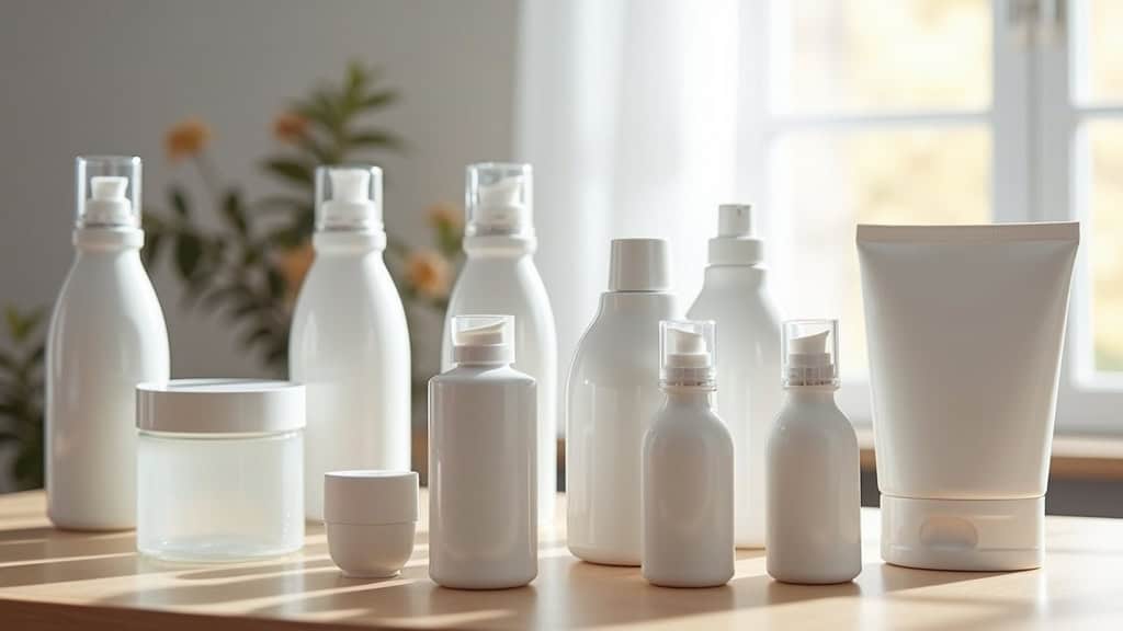 Pots, tubes et flacons de soins en plastique blanc.
