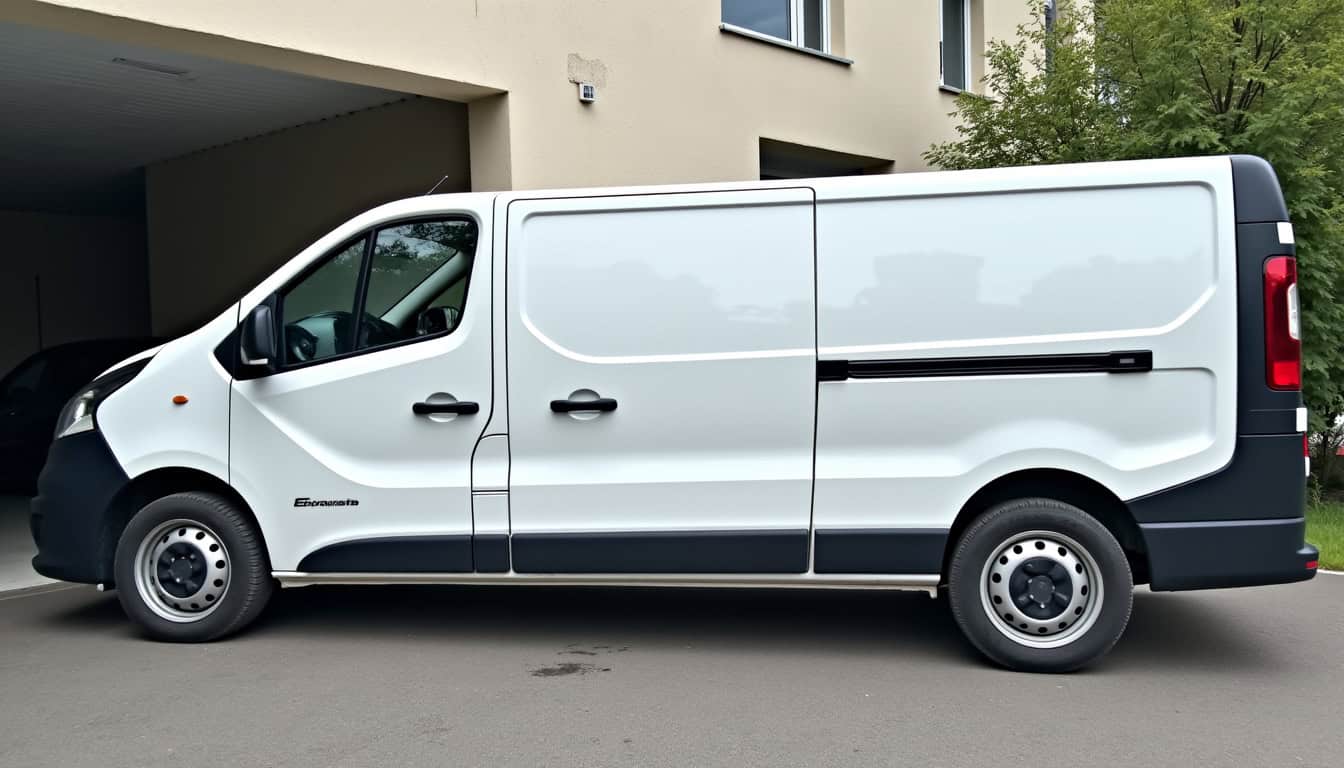 Véhicule utilitaire épaviste à proximité d’un bâtiment industriel.