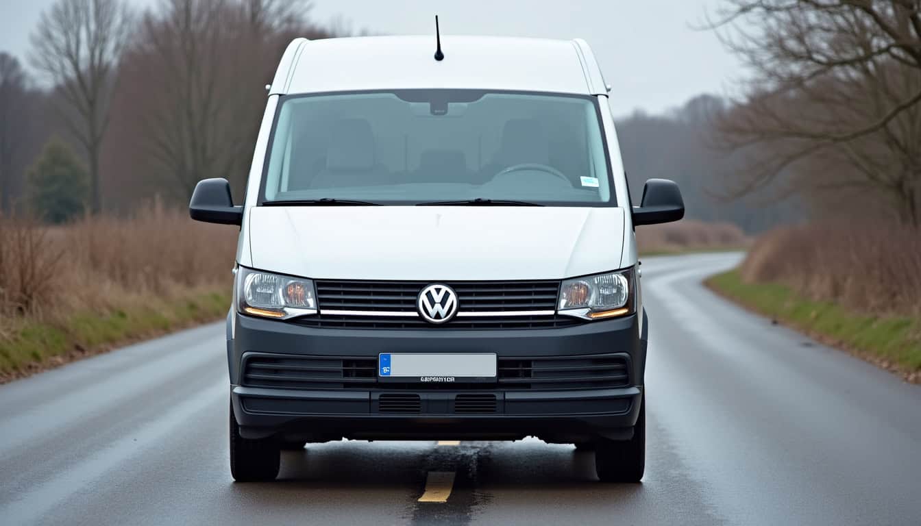 Véhicule de dépannage épaviste VW blanc sur route rurale.