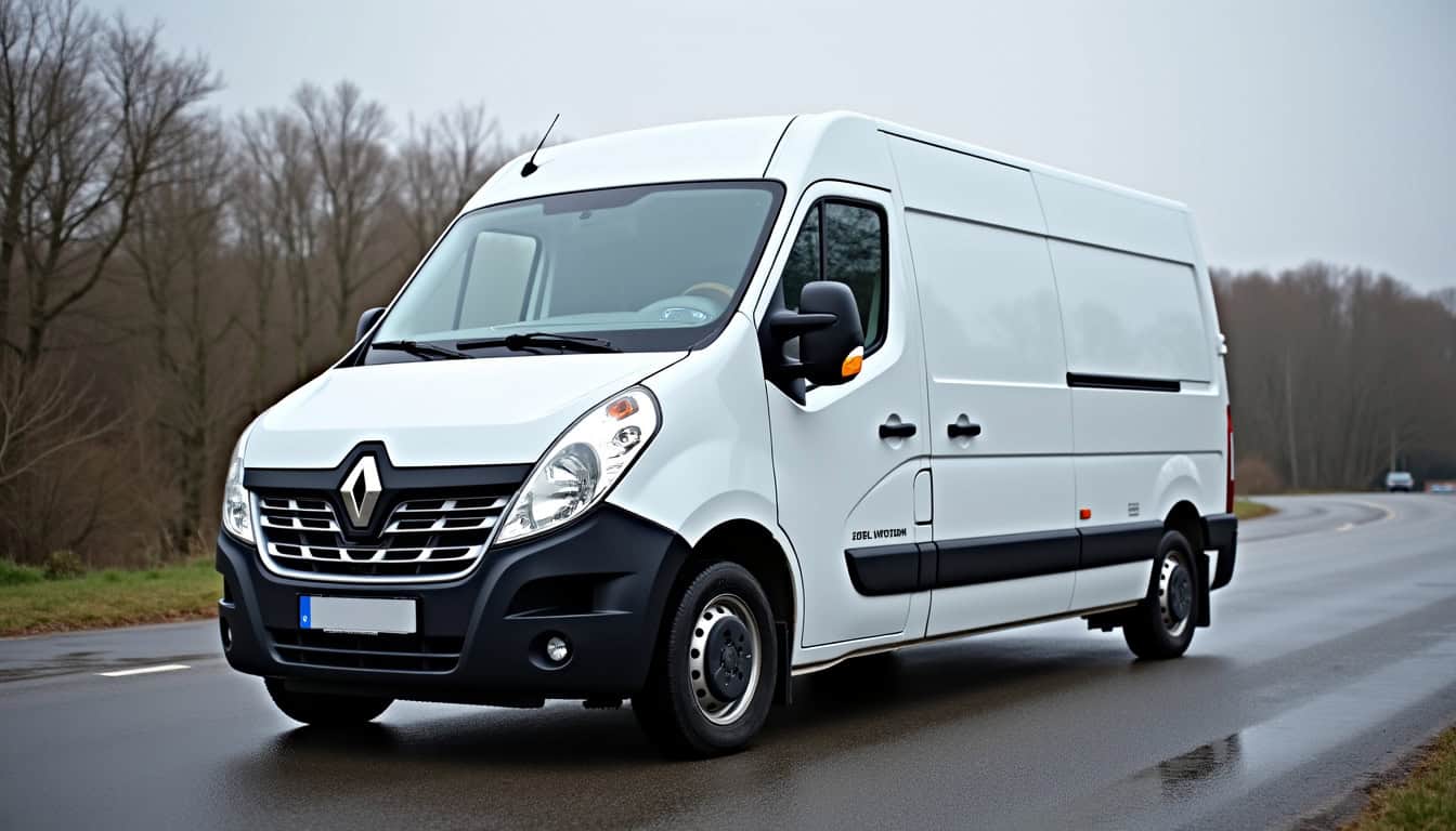 Véhicule utilitaire blanc Renault sur route humide, service épaviste Nord.