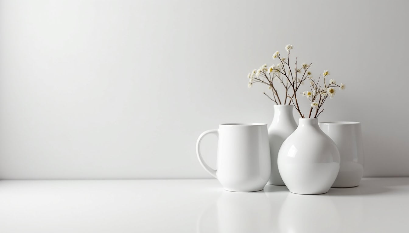 Vase blanc avec fleurs séchées minimaliste.