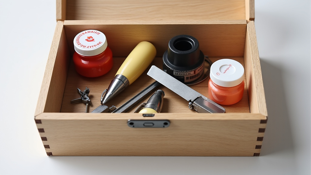 Boîte ouverte contenant des outils de maquettiste : pinces, cutter, lime, pinceaux, pots de peinture, bouteille de colle