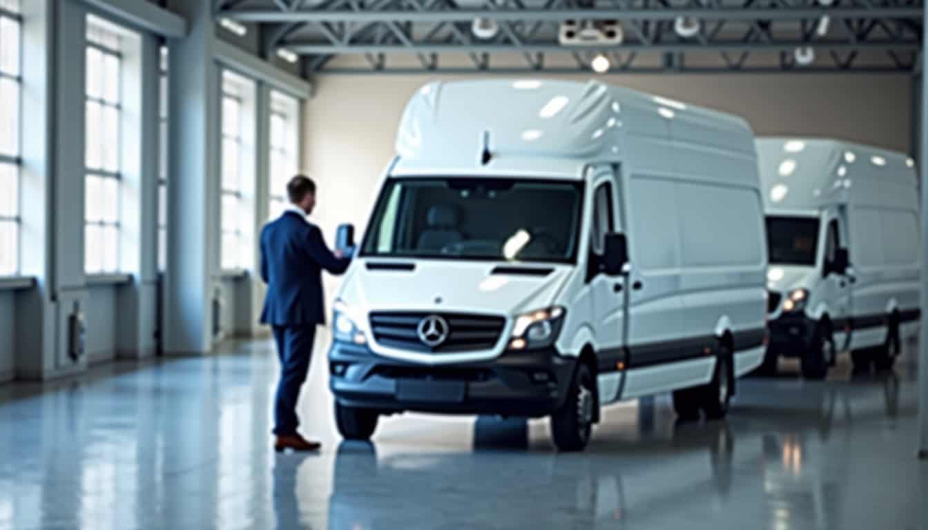 Véhicules de livraison Mercedes-Benz avec remorque dans un entrepôt moderne, service d’évacuation, transport professionnel.