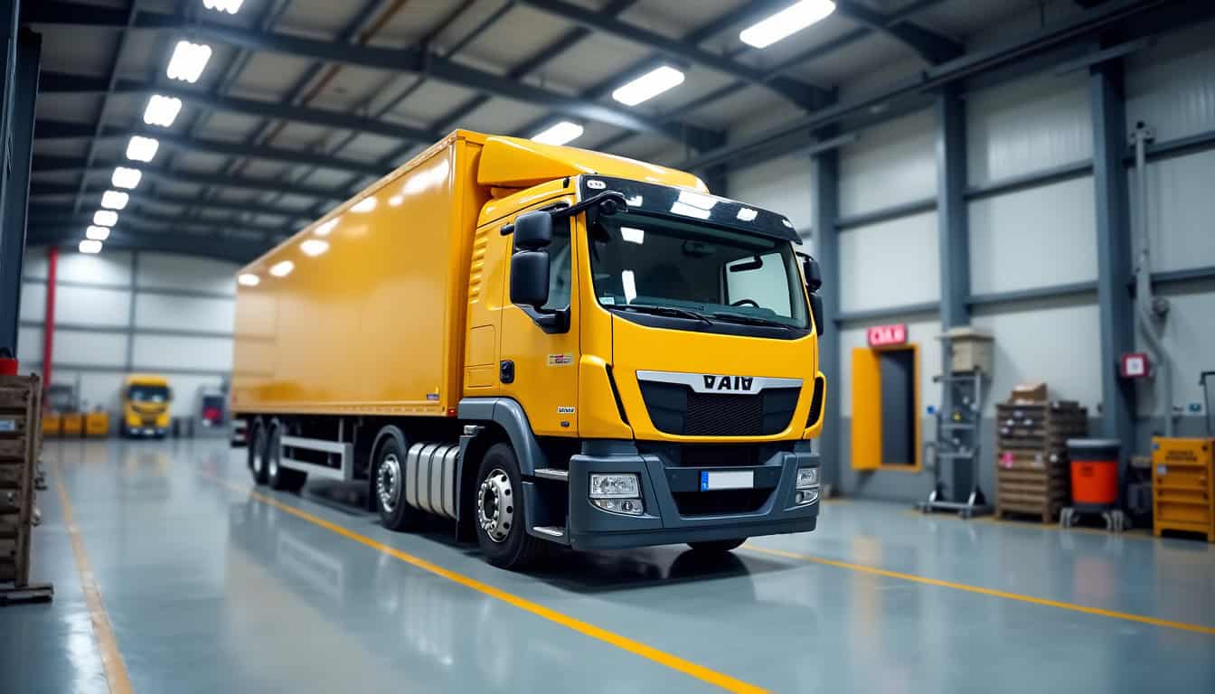 Camion de gestion des déchets et épaves dans un entrepôt industriel.