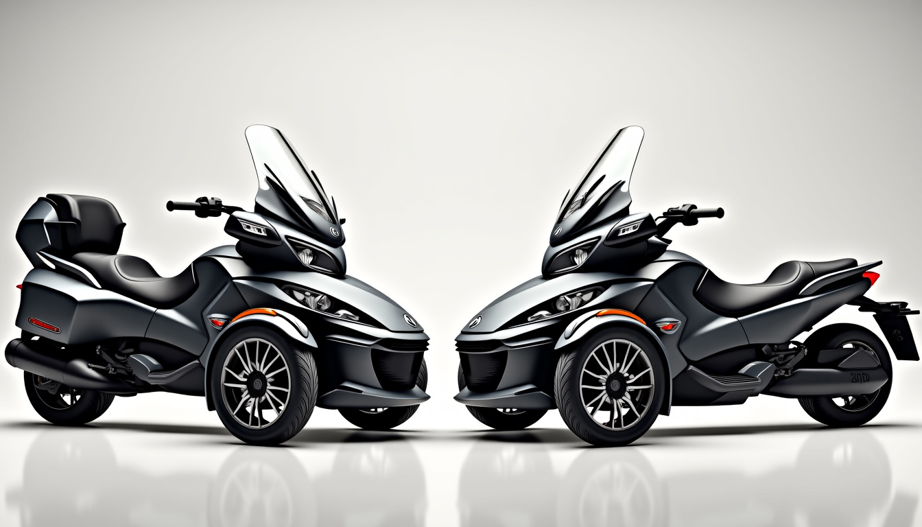 Comparaison visuelle entre un Can-Am Ryker et un Can-Am Spyder, deux modèles phares de moto 3 roues