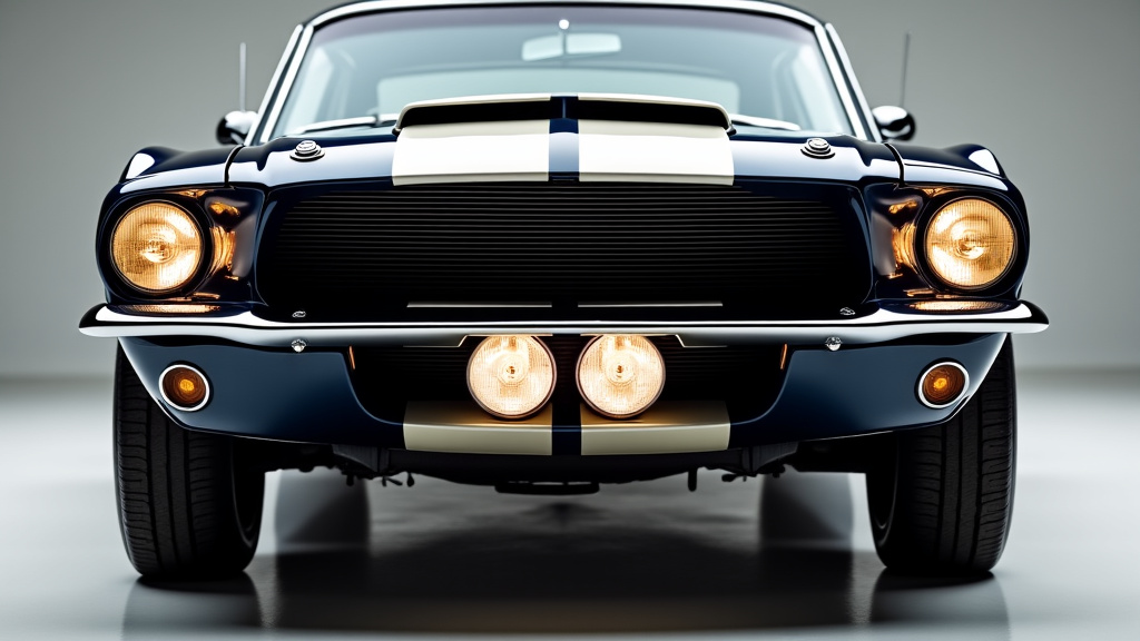 Détail du design de la Shelby GT500 1967 montrant les phares, la calandre et le capot