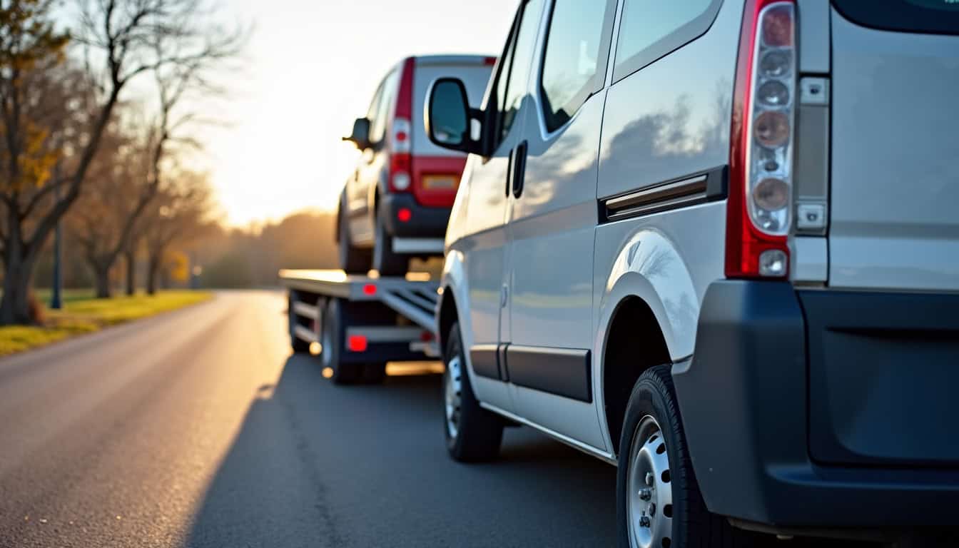 Intervention d’un épaviste sur un véhicule hors d’usage à Chéry-Chartreuve, en train de charger un véhicule sur un camion plateau