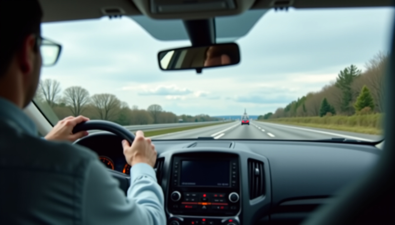 Jeune conducteur au volant sur une autoroute avec panneaux de limitation de vitesse