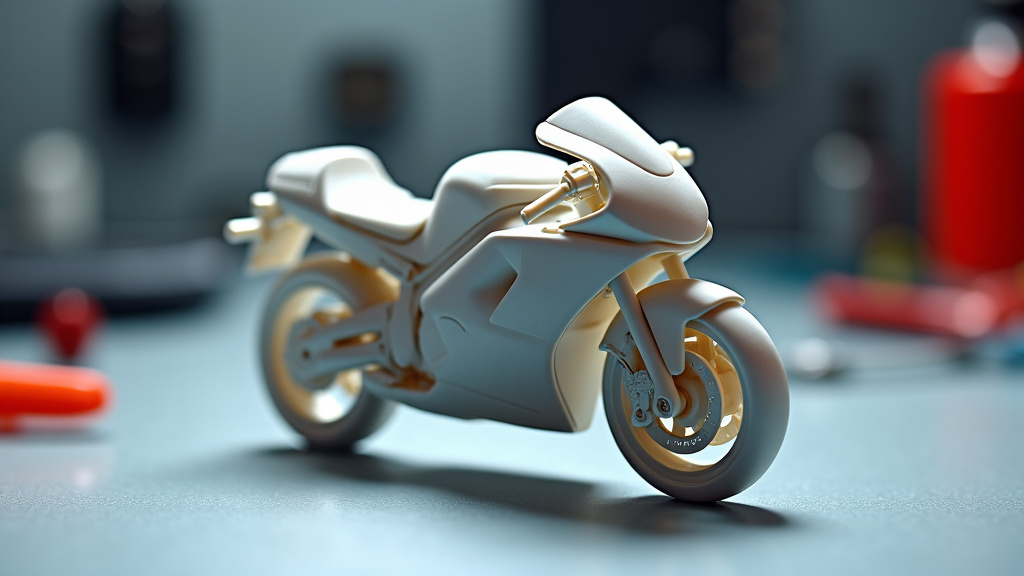 Maquette moto en plastique complètement assemblée et peinte, posée sur une table de travail avec outils autour