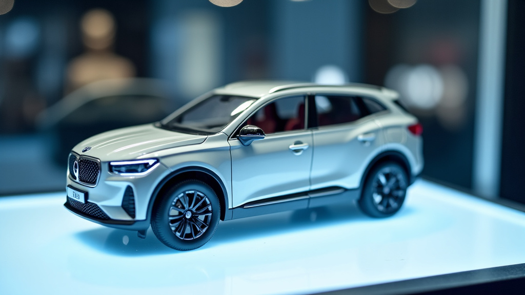 Maquette moto finie exposée dans une vitrine avec éclairage LED, entourée d