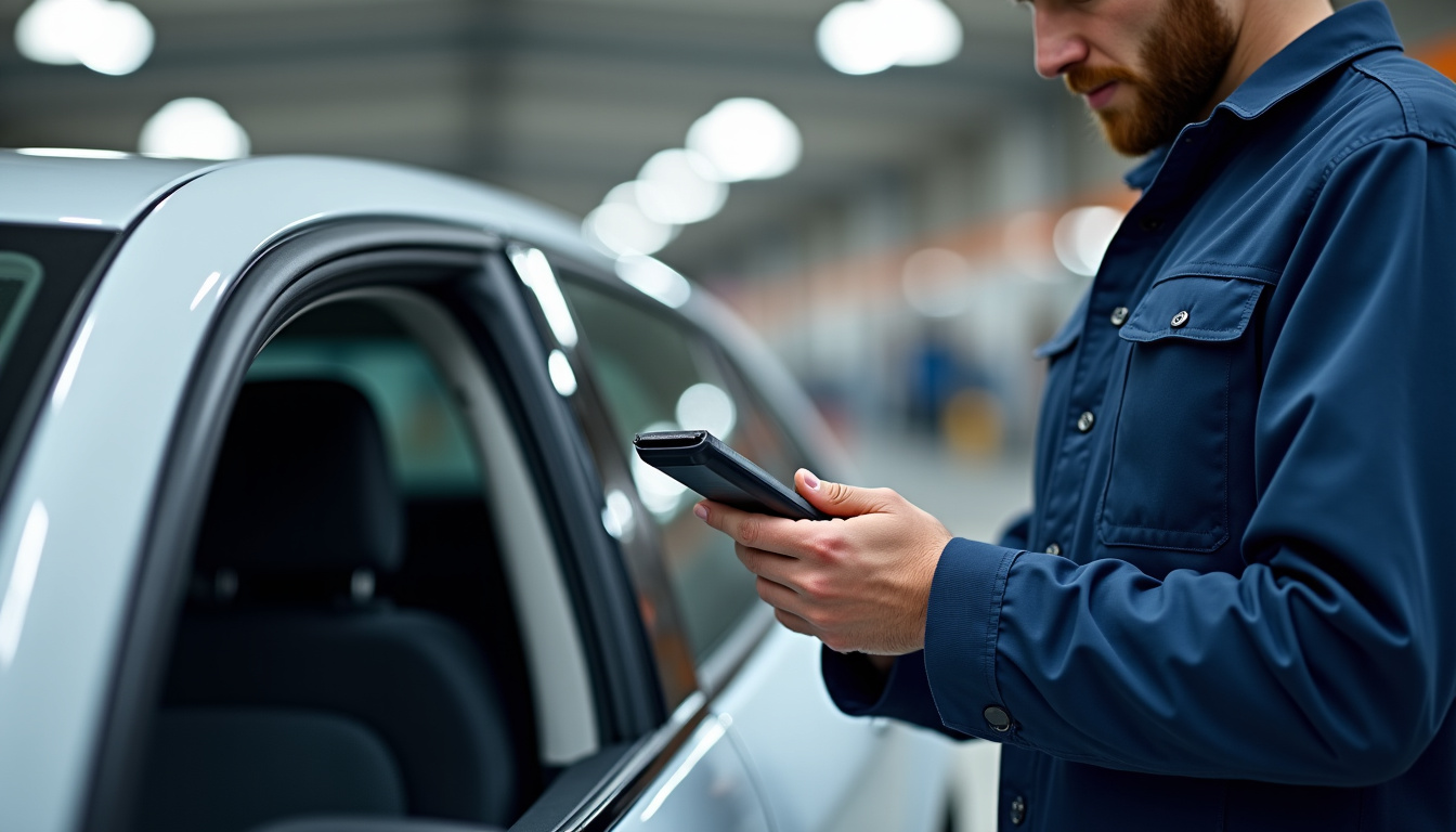 Mécanicien utilisant une valise de diagnostic OBD sur une voiture moderne en 2026