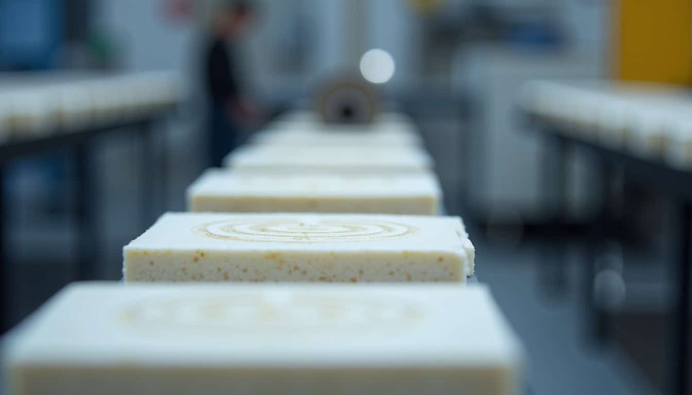 Photo de blocs de savon dans une chaîne de production, illustrant le nettoyage et la gestion des déchets pour une entreprise d'épaviste se spécialisant dans le recyclage et la dépollution.