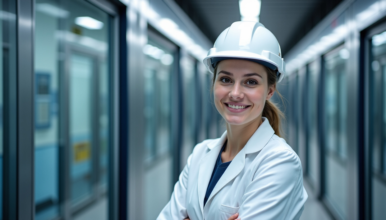 Image d'une femme avec casque de chantier dans un environnement professionnel industriel.