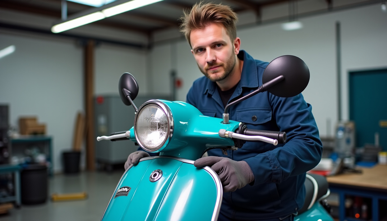 Technicien en train de réparer un scooter dans un atelier équipé