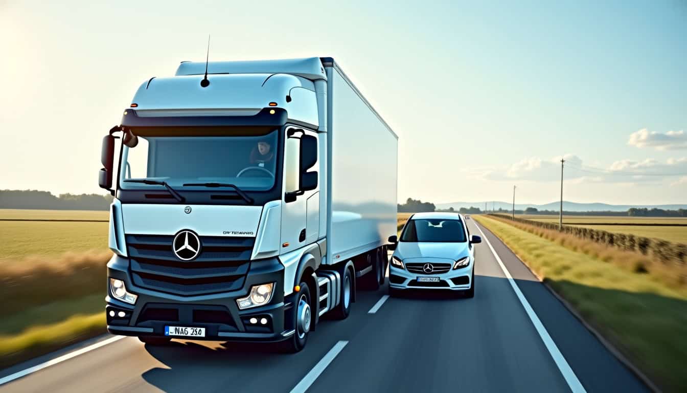 Camion épave Mercedes sur route, service d’enlèvement rapide et sécurisé.