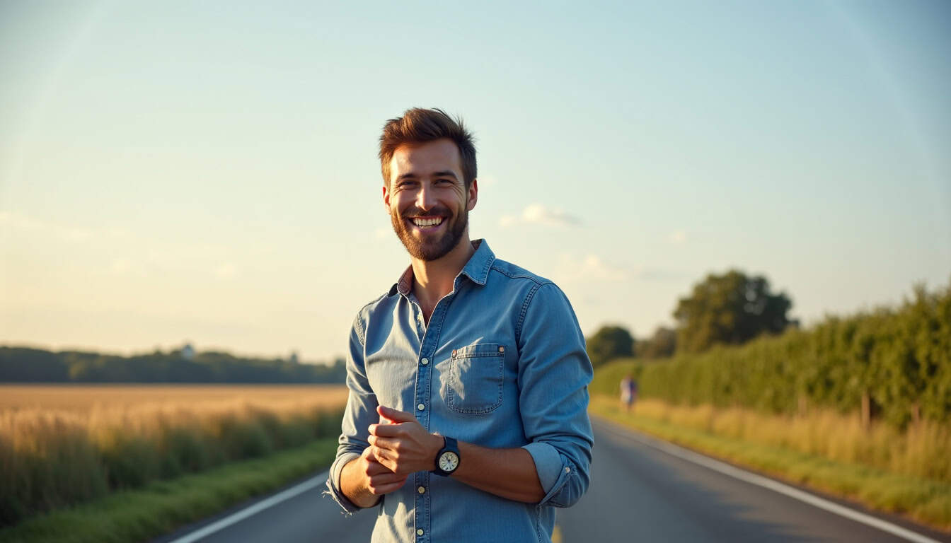 Un épaviste souriant remorquant une épave de voiture sur une route de campagne près de Noroy-sur-Ourcq, avec des champs en arrière-plan sous un ciel clair.