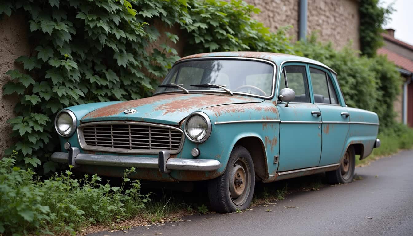 Une voiture ancienne et rouillée abandonnée dans une rue calme de Mercin-et-Vaux, avec de la végétation qui pousse autour.