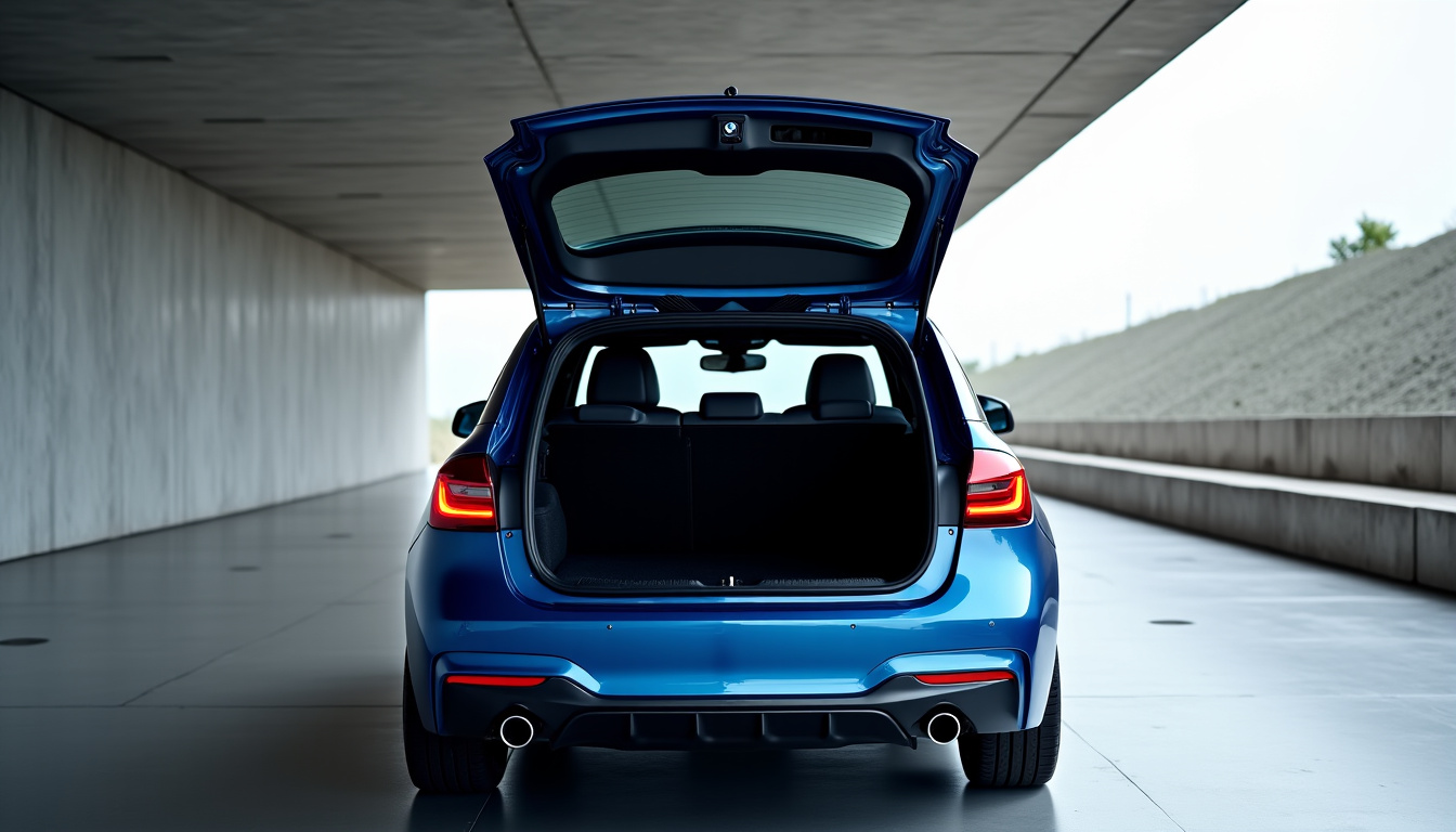 Vue arrière de la BMW M3 Touring avec son hayon ouvert et son intérieur spacieux