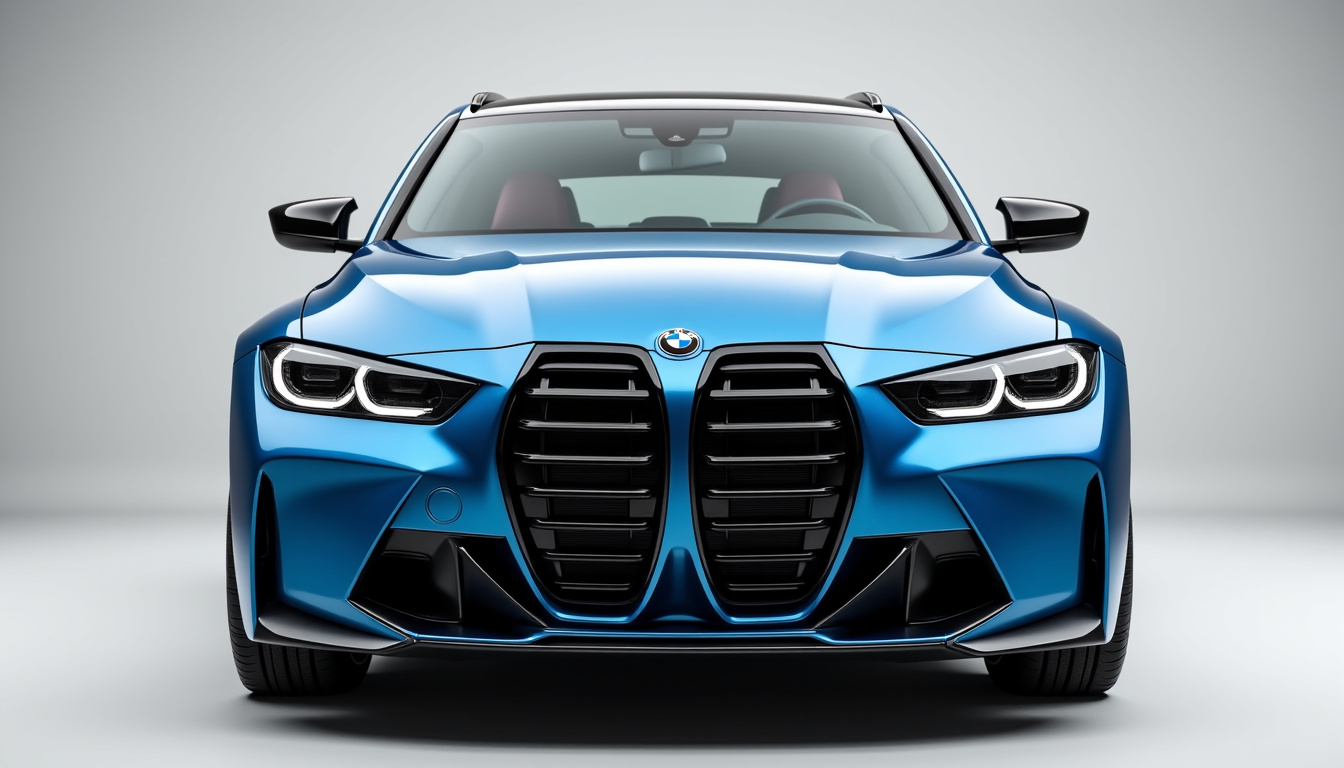 Vue de face de la BMW M3 G80 avec sa calandre imposante et ses phares étroits