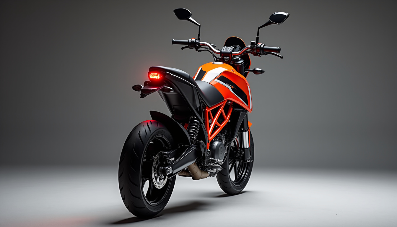 Vue de face et de trois quarts arrière de la KTM Duke 125 2026 en couleur Electronic Orange, mettant en valeur ses lignes agressives et son éclairage LED