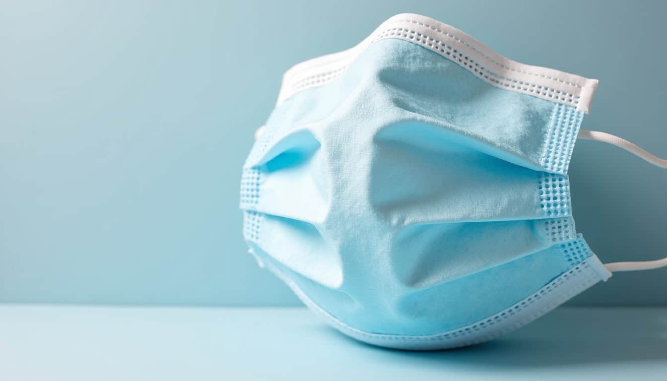 Masque chirurgical médical en tissu bleu pour protection sanitaire.