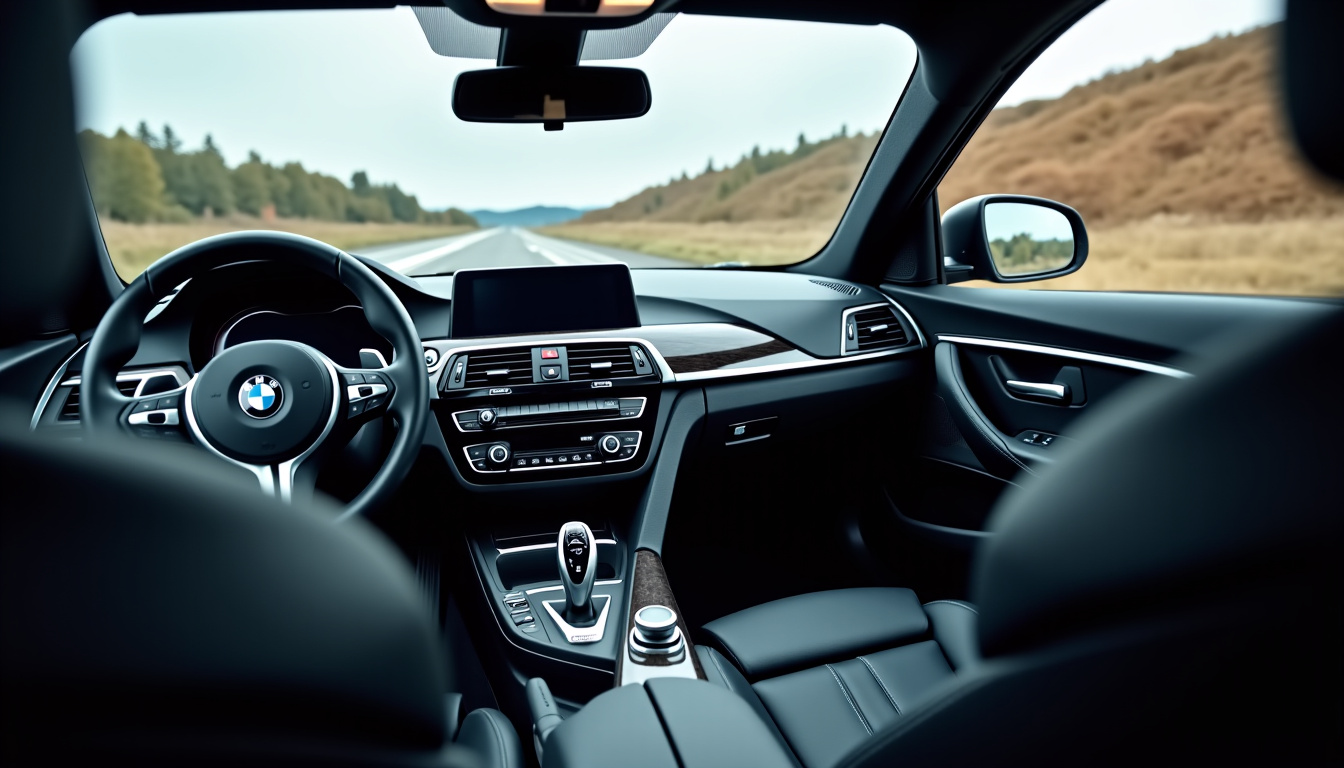 Vue du cockpit de la BMW M3 G80 avec écran incurvé et commandes M