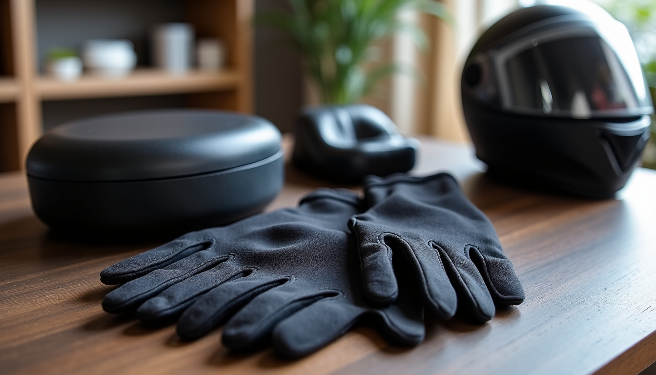 Accessoires pour moto 125 cc exposés sur une table: top-case, gants, casque, sellette confort