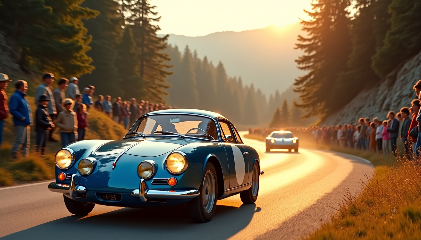 Alpine A110 en pleine course de rallye dans les années 60, sur une route de montagne avec foule spectatrice