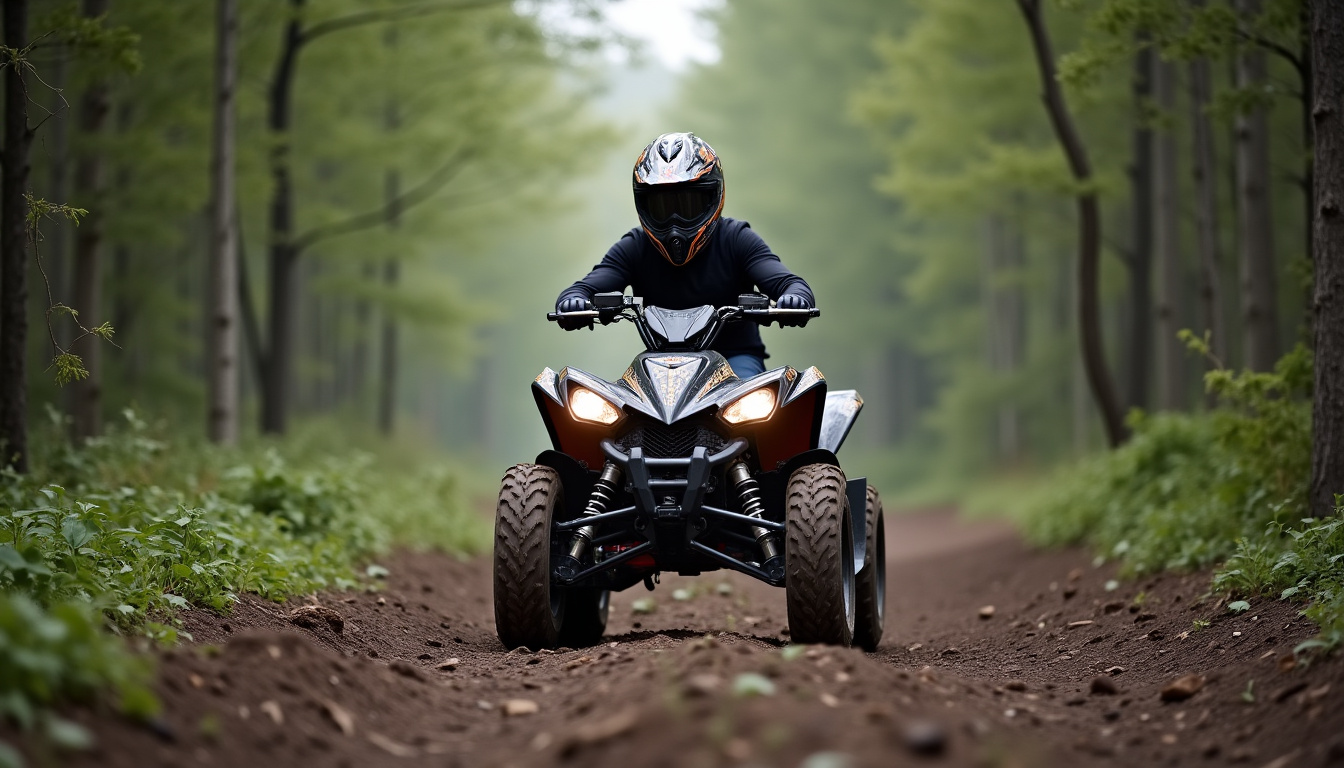Casque cross/enduro utilisé par un pilote de quad sur un sentier forestier accidenté