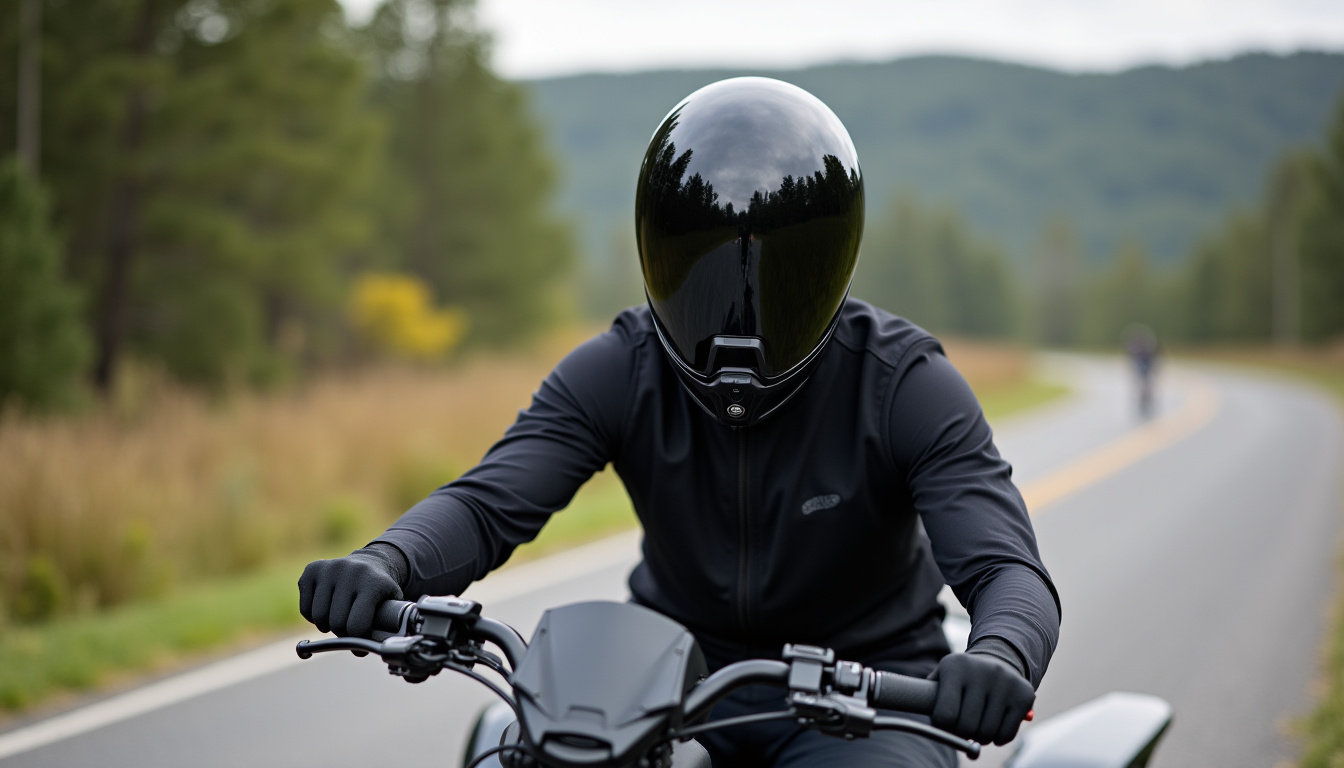 Casque intégral noir utilisé sur un quad en conduite sur route goudronnée