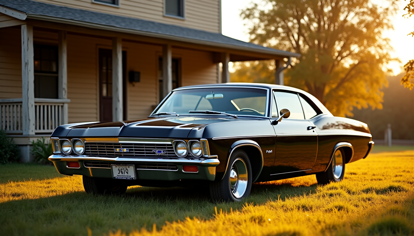 Chevrolet Impala 1967 garée devant une maison modeste, symbole de l