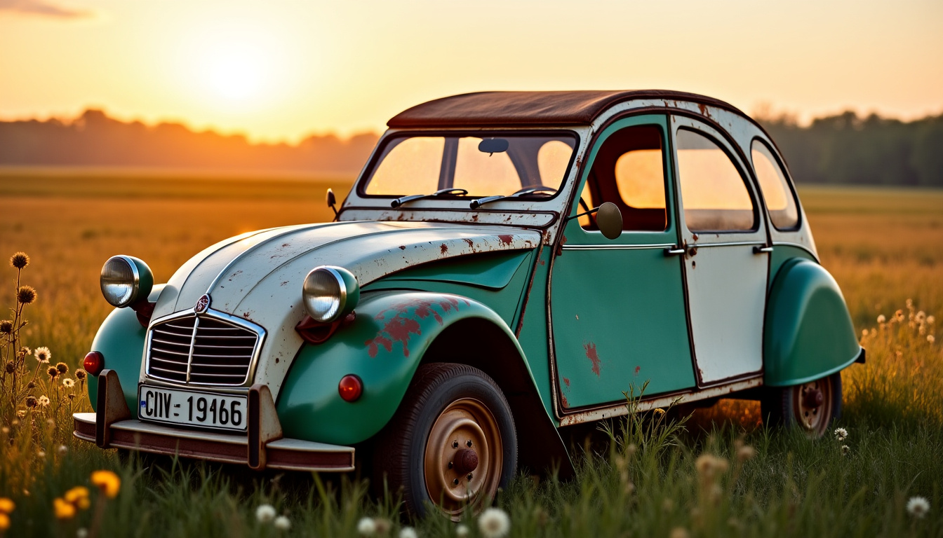 Citroën 2CV en mauvais état, avec carrosserie rouillée et pneus à plat, prête à être restaurée