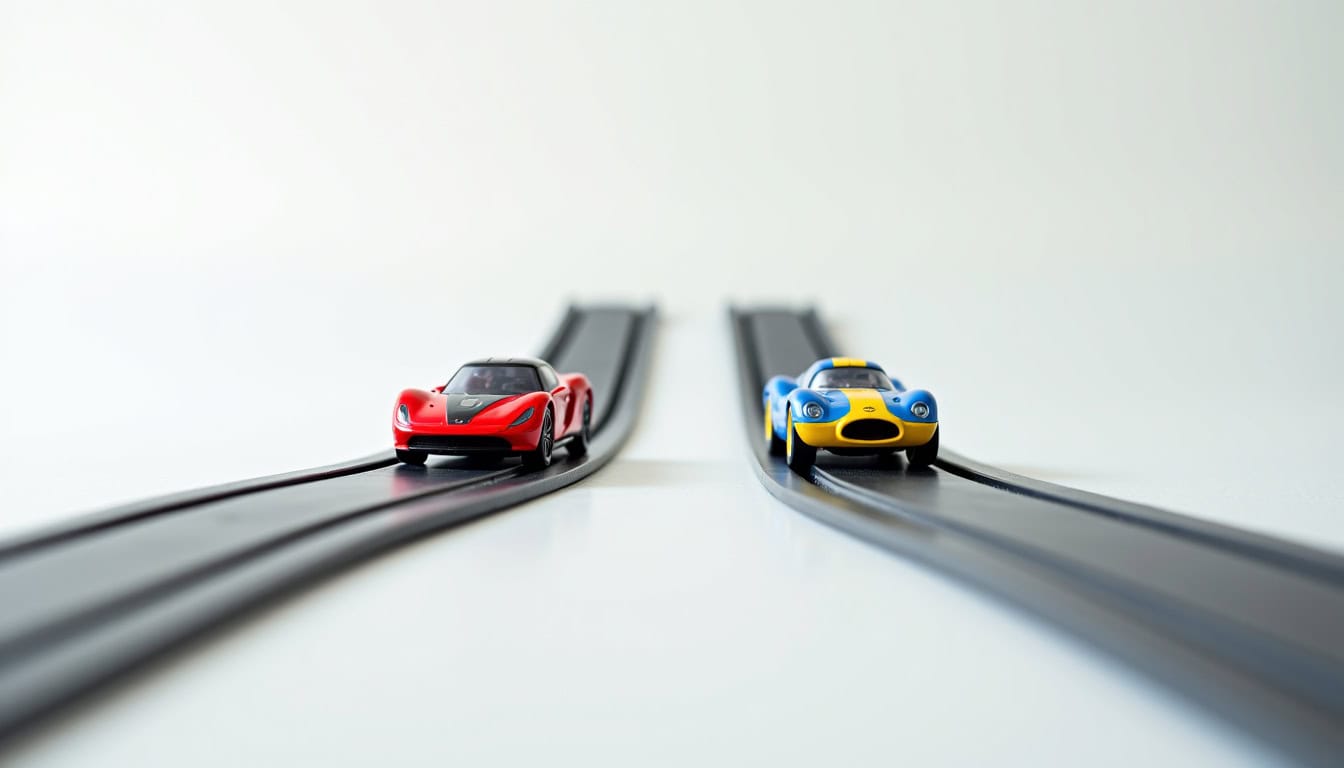 Comparaison de circuits Carrera et Scalextric avec voitures sur piste