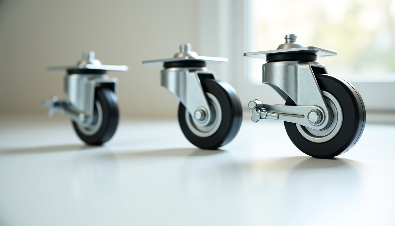 Différents types de roues jockey montées sur des remorques, montrant les variations de taille, de fixation et de mécanisme