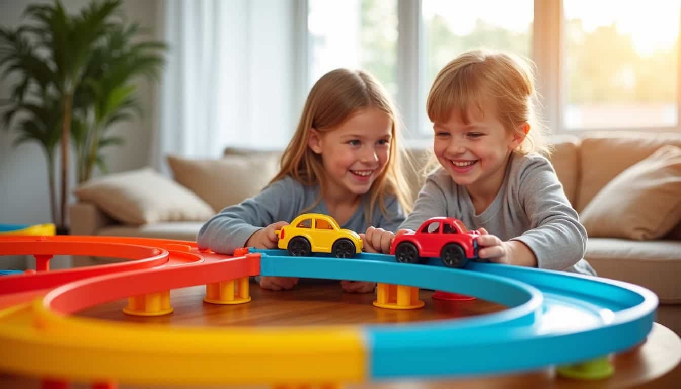 Enfants jouant ensemble sur un circuit voiture électrique avec des voitures colorées