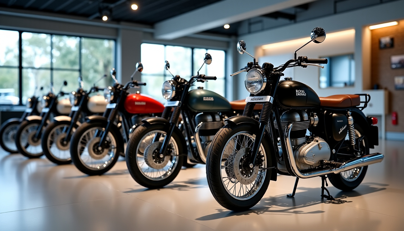 Exposition de plusieurs modèles Royal Enfield alignés dans un showroom moderne
