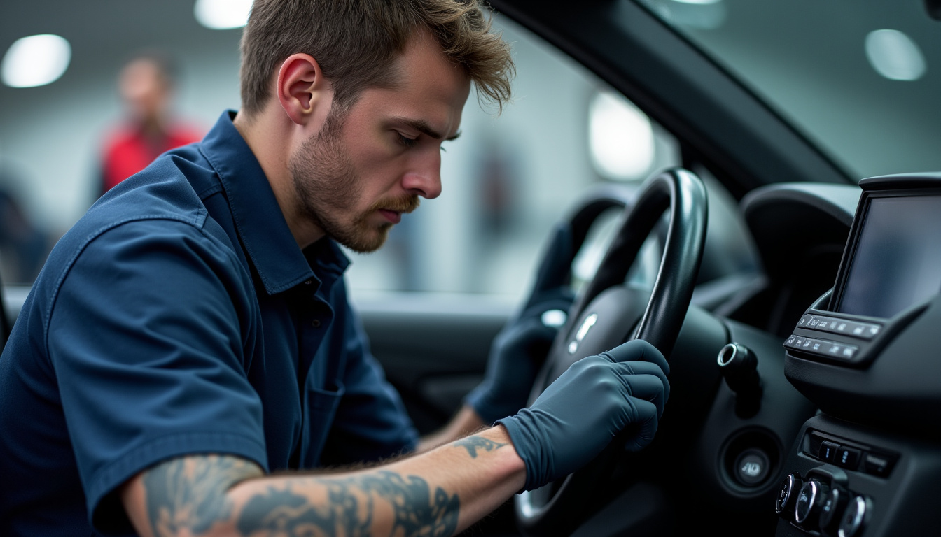 Mécanicien en train d’inspecter la transmission d’une Peugeot 208