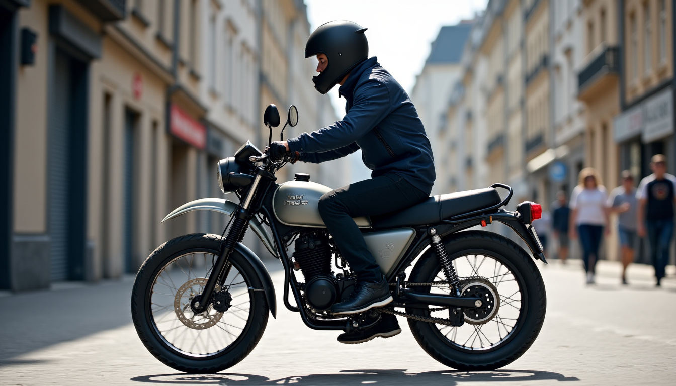Moto 125 cc de type trail en situation urbaine, avec un équipement basique et un conducteur casqué