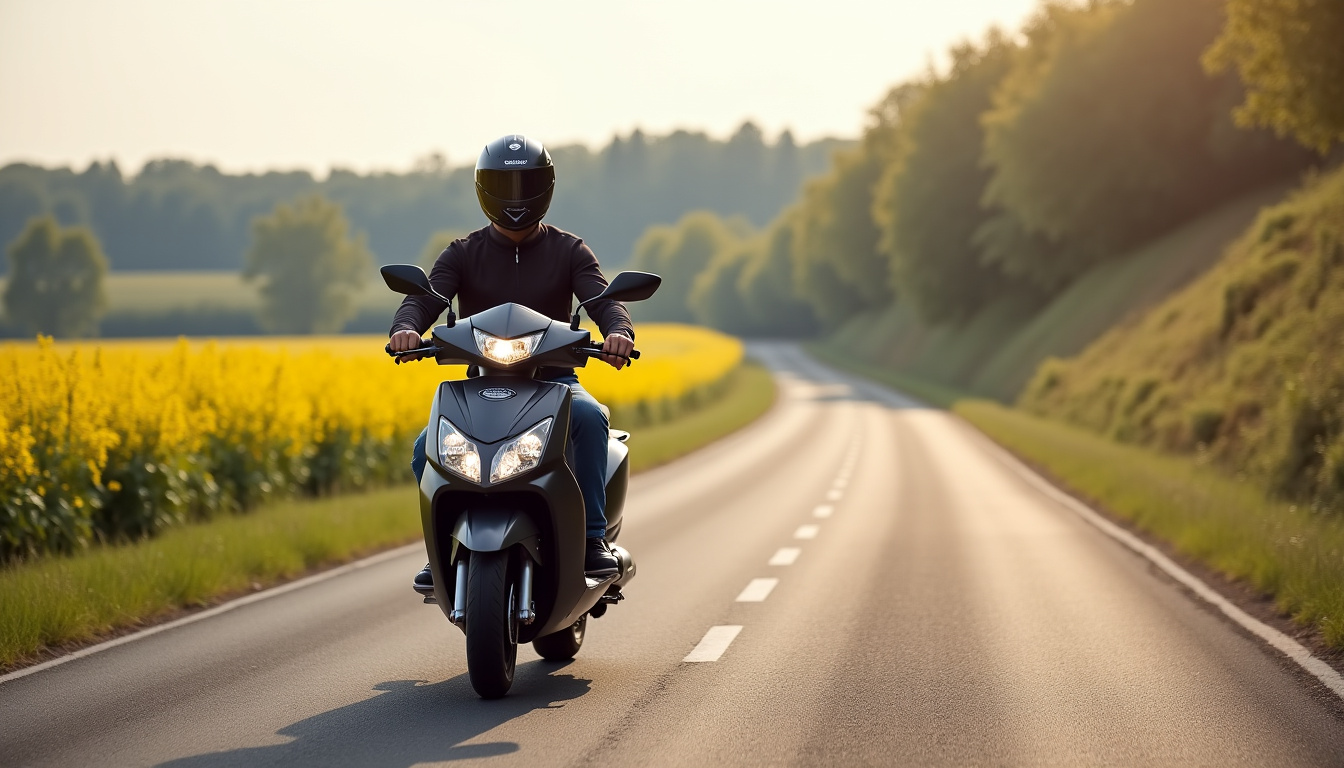 Moto 125 cc sur une route de campagne, avec un paysage vallonné en arrière-plan