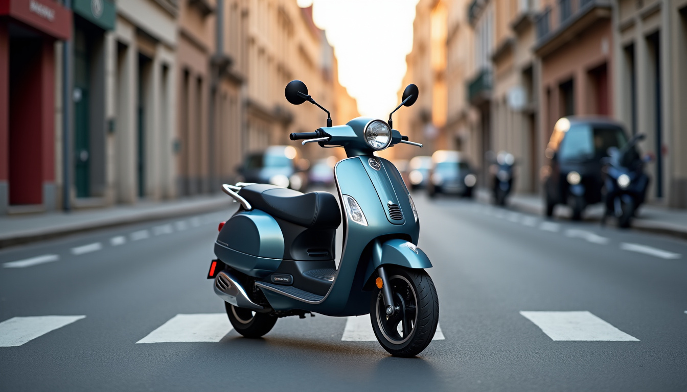 Moto à trois roues en stationnement dans une rue étroite, illustrant les difficultés de manœuvrabilité en ville