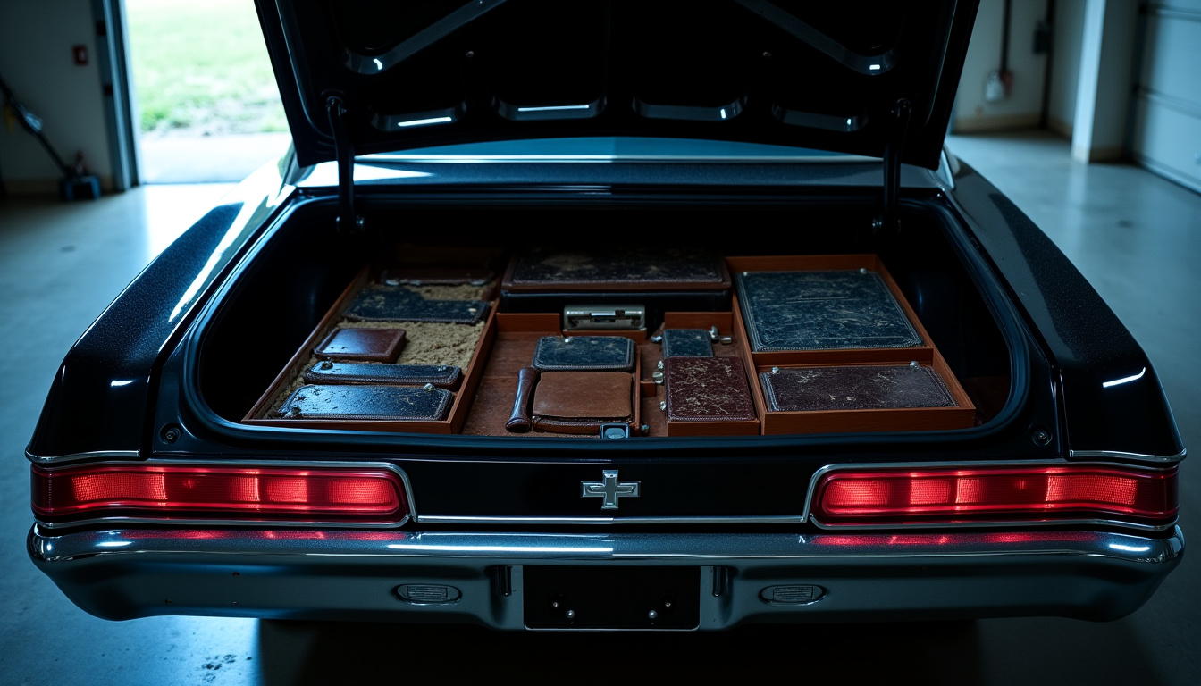 Ouverture du coffre de la Chevrolet Impala montrant un arsenal d