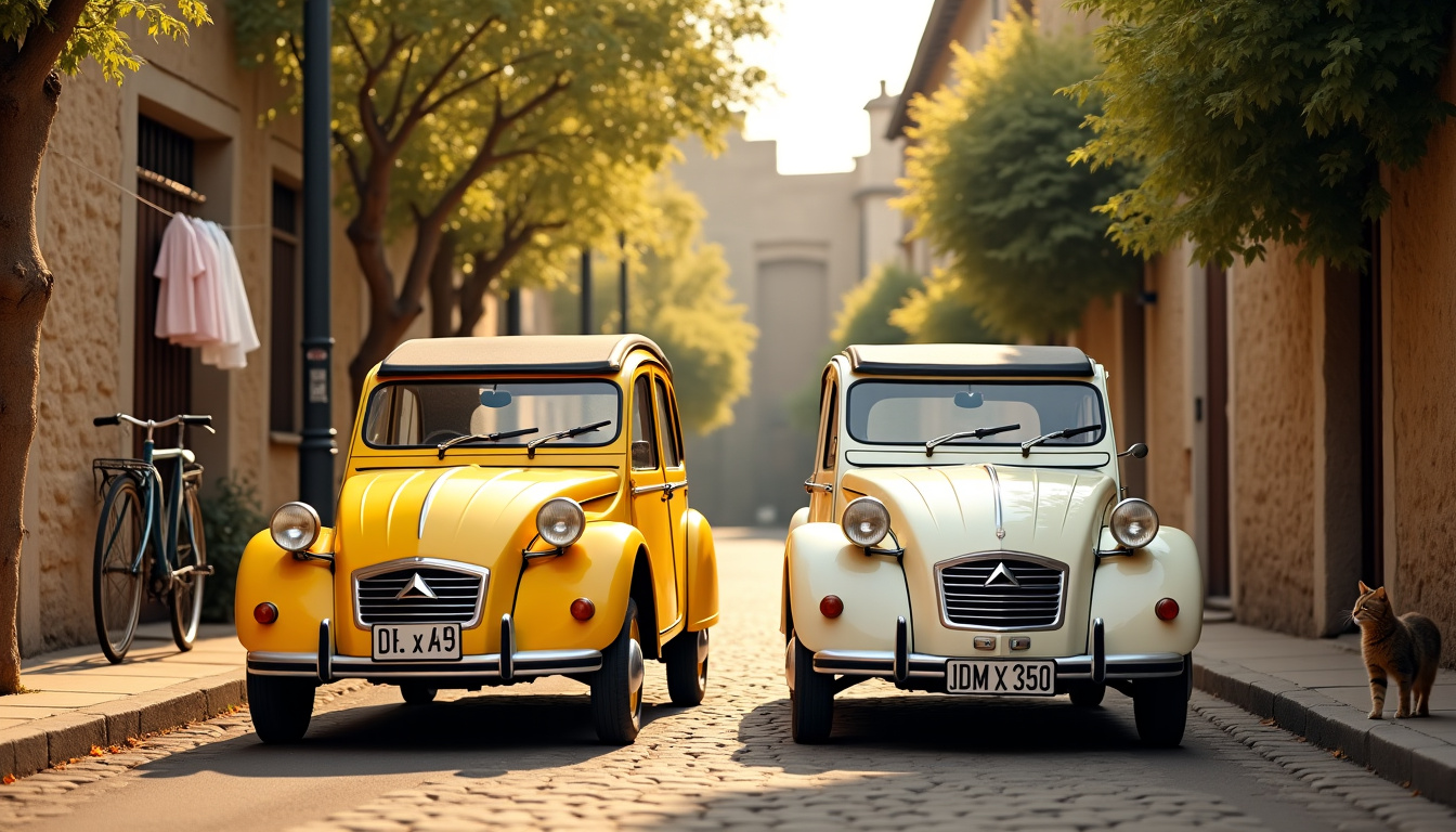 Renault 4L et Citroën 2 CV garées côte à côte dans une rue de village années 60