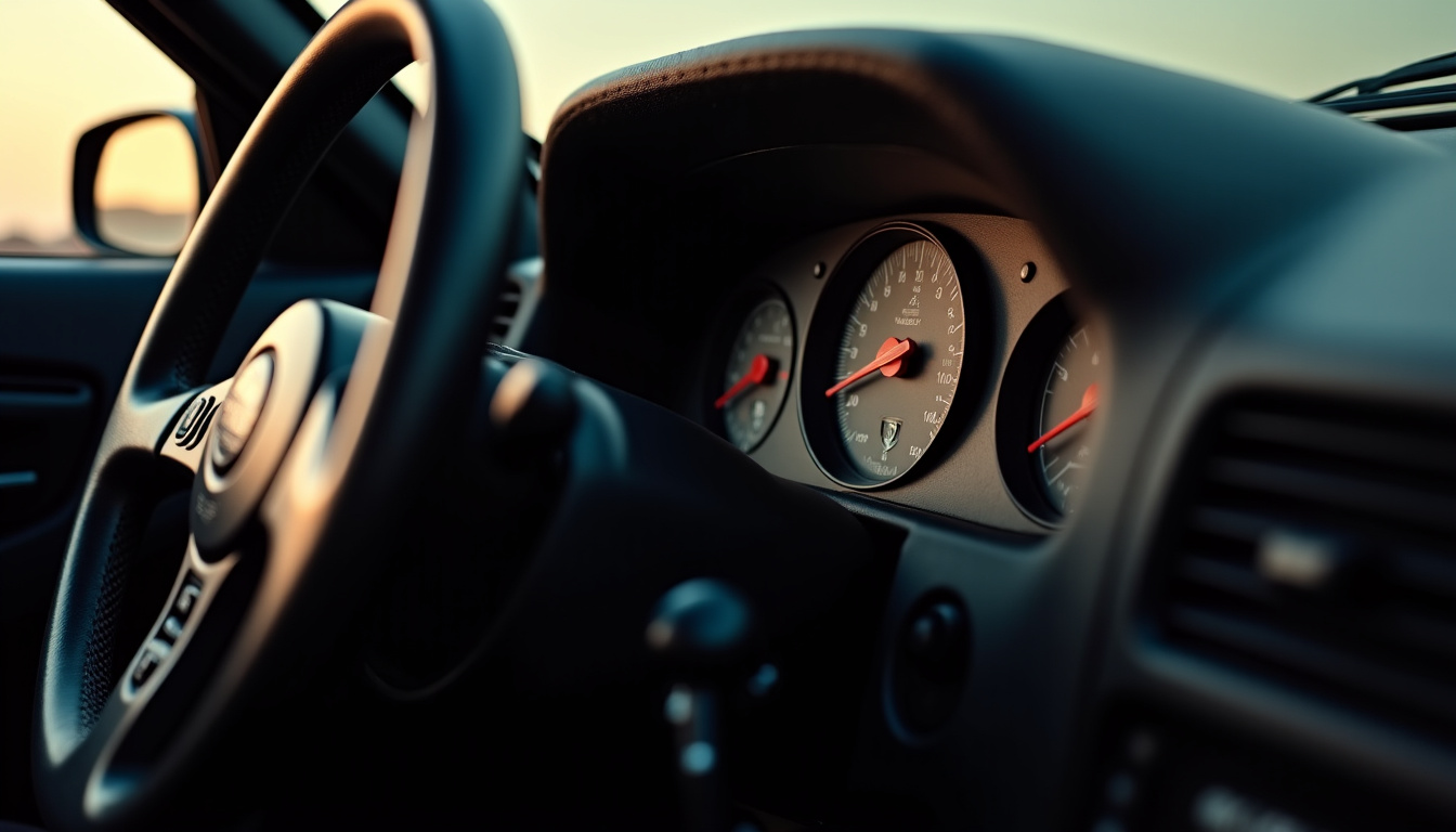 Tableau de bord original de la Nissan Skyline R34 GT-R avec volant en cuir, compteurs analogiques et boutons de commande en métal